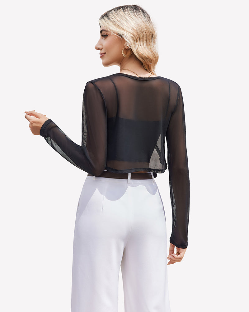 Black sheer cropped cardigan, long sleeves, open back view