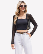 Black sheer cropped cardigan with long sleeves and open front