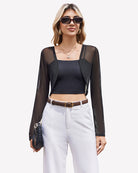 Black sheer cropped cardigan with long sleeves and draped open front