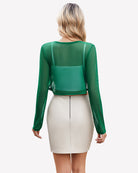 Green sheer cropped cardigan, long sleeves, open back view