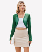 Green sheer cropped cardigan with long sleeves and open front