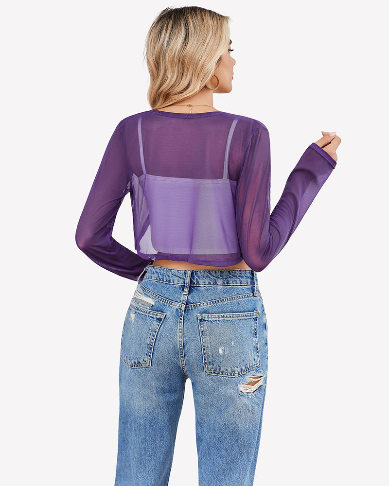 Purple sheer cropped cardigan, long sleeves, open back view