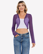 Purple sheer cropped cardigan with long sleeves and open front