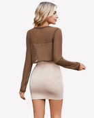 Brown sheer cropped cardigan, long sleeves, open back view