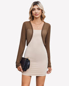 Brown sheer cropped cardigan with long sleeves and open front