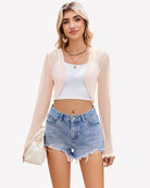 Champagne sheer cropped cardigan with long sleeves and open front