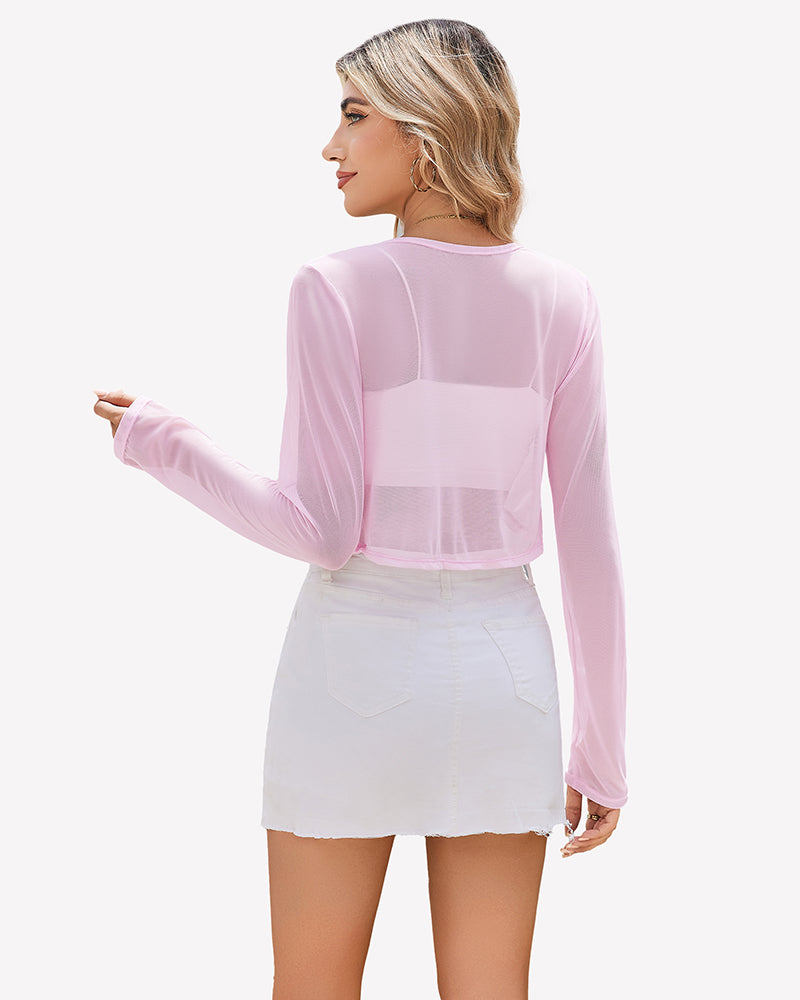 Sheer cropped cardigan, long sleeves, open front in pastel light purple (back view).