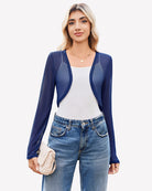 Sheer cropped cardigan, long sleeves, open front in navy blue.
