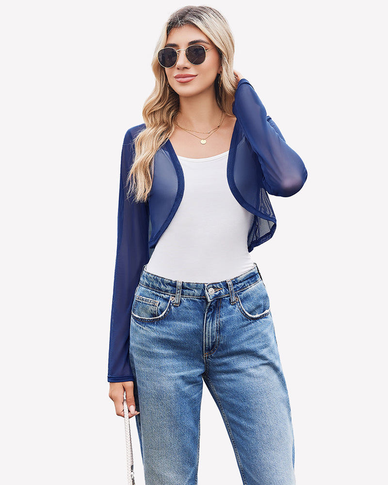 Sheer cropped cardigan, long sleeves, open front in navy blue, draped fit.