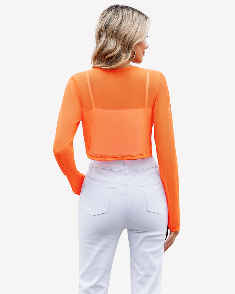 Sheer cropped cardigan, long sleeves, open front in bright orange (back view).