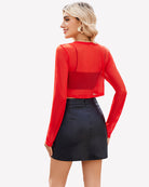 Sheer cropped cardigan, long sleeves, open front in red (back view).