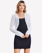 White sheer cropped cardigan shrug with long sleeves, open front