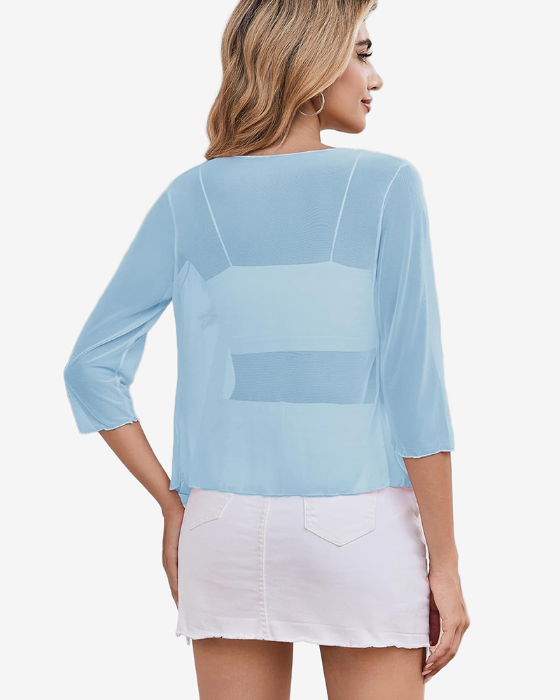 Back view of light blue sheer mesh bolero cardigan with tie-front and 3/4 sleeves