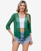 Green sheer mesh bolero cardigan with tie-front, 3/4 sleeves, cropped cut