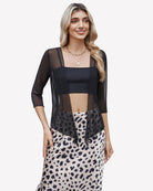 Black sheer mesh bolero cardigan with tie-front, square neckline, 3/4 sleeves