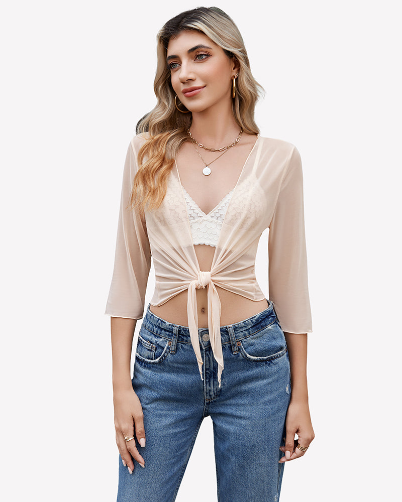 Champagne sheer mesh bolero cardigan with tie-front, V-style lace top, 3/4 sleeves