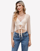 Champagne sheer mesh bolero cardigan with tie-front, V-style lace top, 3/4 sleeves