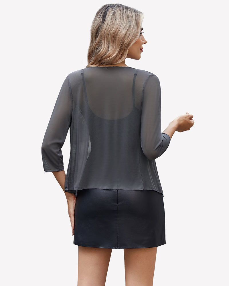 Tie-front sheer mesh cardigan, dark charcoal, back view, three-quarter sleeves