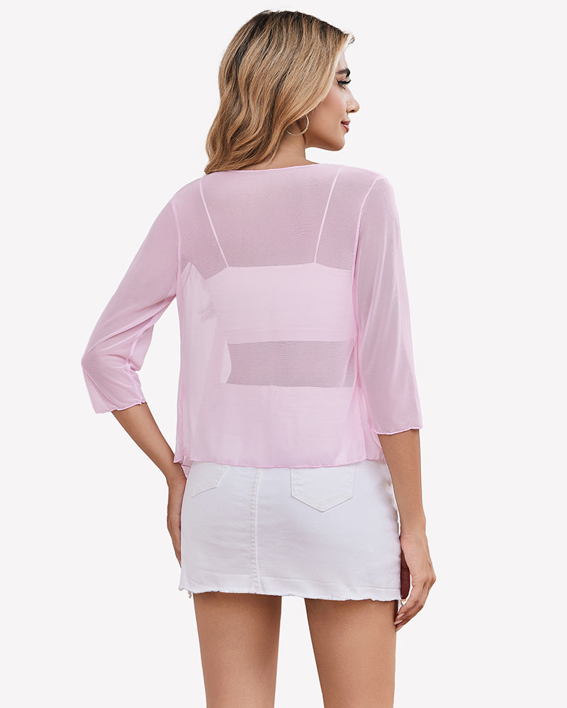 Sheer mesh cardigan, pale pink, back view, three-quarter sleeves