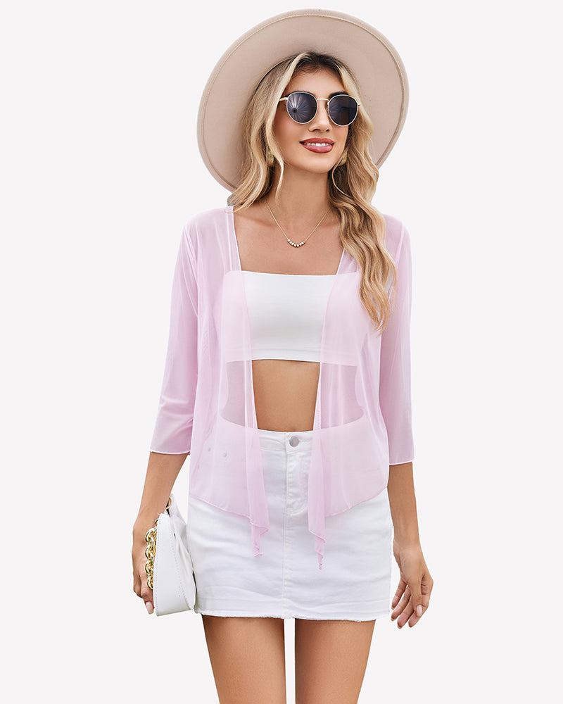 Sheer mesh cardigan, pale pink, three-quarter sleeves, open front