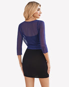 Tie-front sheer mesh cardigan, navy blue, back view with open drape