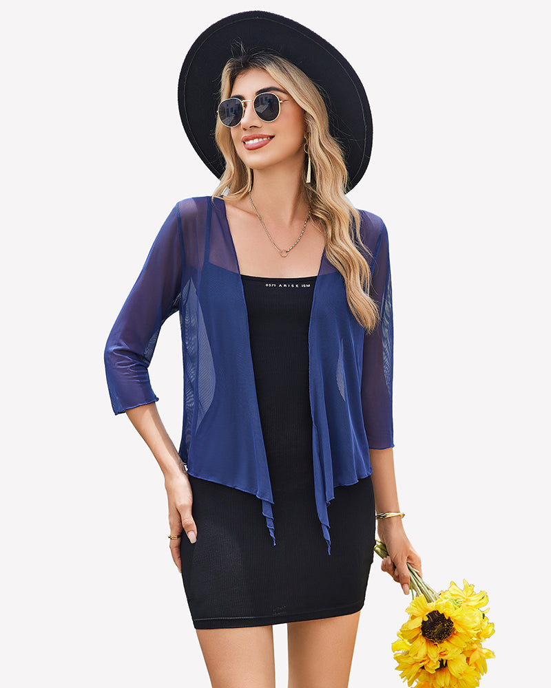 Tie-front sheer mesh cardigan, navy blue, draped open front, three-quarter sleeves