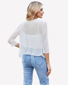 White sheer mesh bolero cardigan with open back panels and 3/4 sleeves