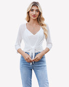 White sheer mesh bolero cardigan with tie-front at waist and 3/4 sleeves