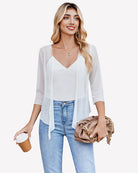 White sheer mesh bolero cardigan with tie-front and 3/4 sleeves