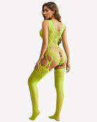 Neon green fishnet bodysuit with open lattice sides and full leg coverage