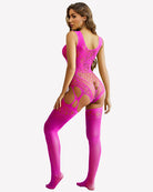 Rose pink mesh bodysuit with open side cutouts and fishnet leg coverage