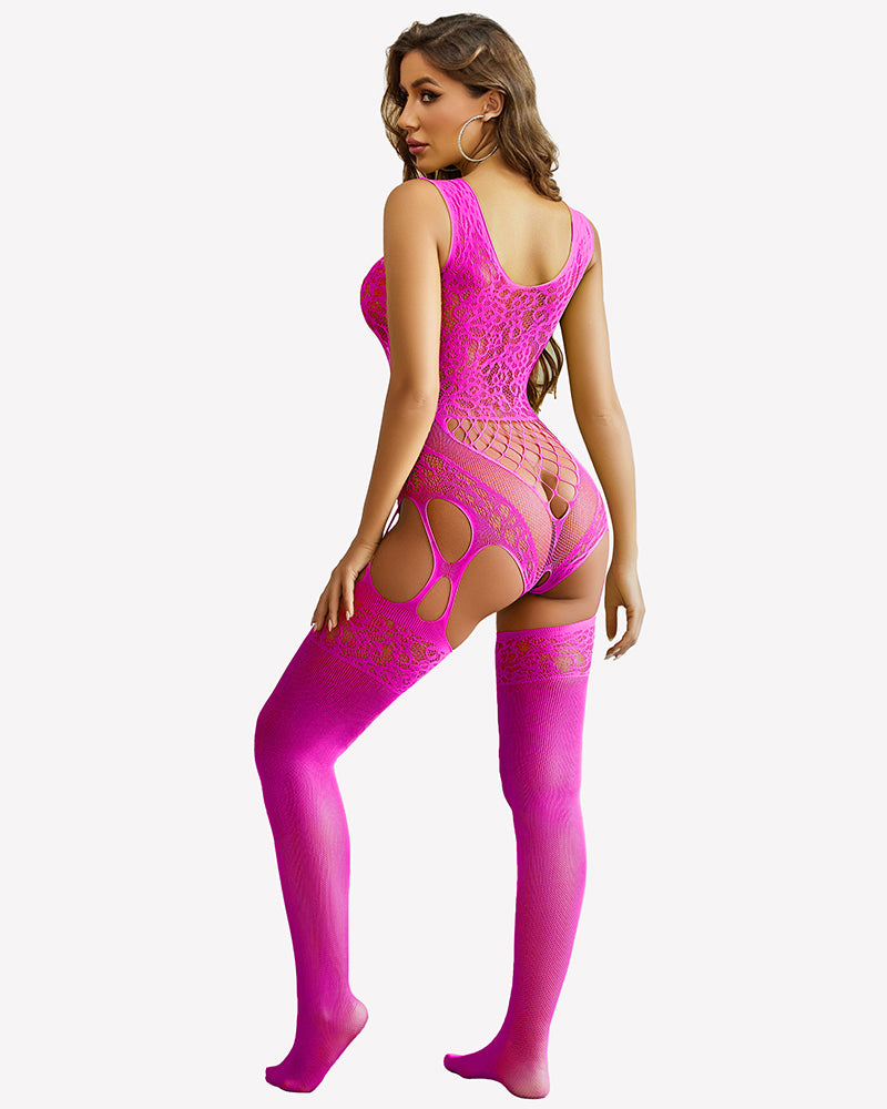 Rose pink mesh bodysuit with open side cutouts and fishnet leg coverage