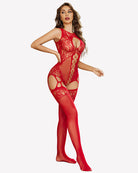 Red fishnet bodysuit with lace-like texture, open back cutout, and high-leg tights