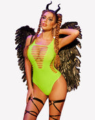 Fluorescent green sleeveless bodysuit with slashed cutouts and cheeky legs
