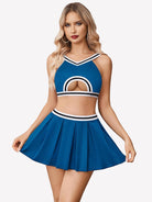 Hollow crop top and pleated skirt set, blue with white trim and pleated A-line mini skirt