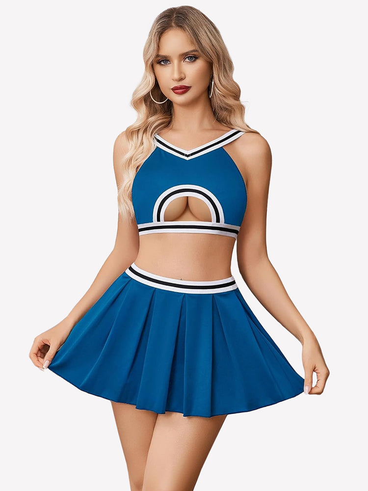 Hollow crop top and pleated skirt set, blue with white trim and pleated A-line mini skirt