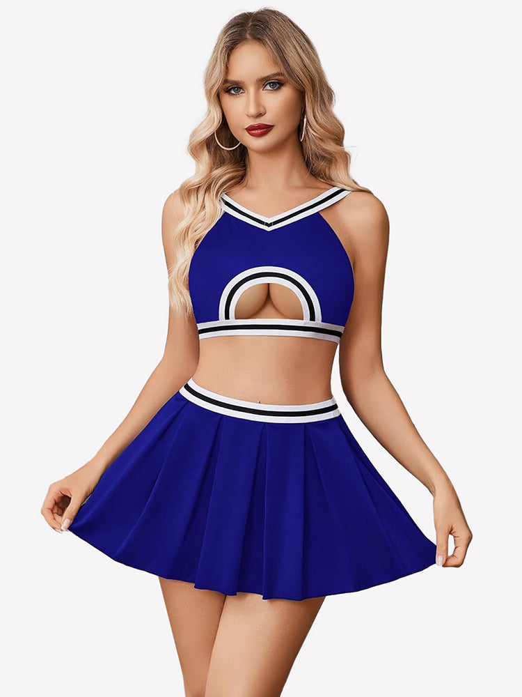 Hollow crop top and pleated skirt set, royal blue with white trim and rainbow arch graphic