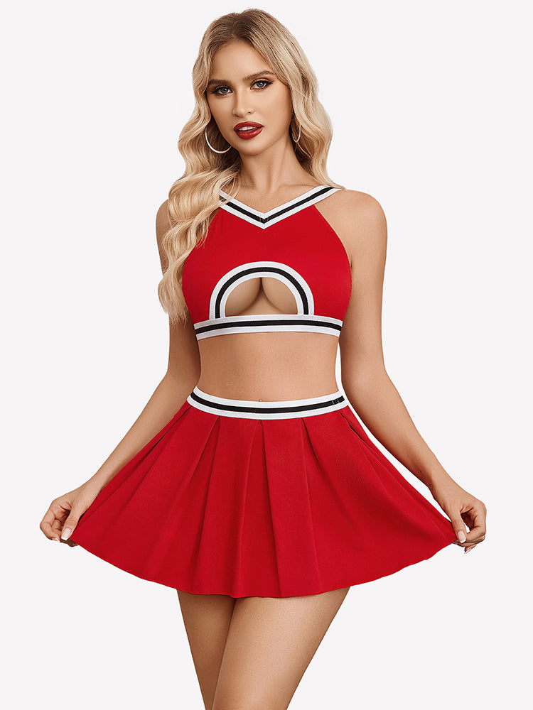 Hollow crop top and pleated skirt set, red with white trim and rainbow arch front graphic