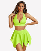 Neon green leather halter crop top and matching flared mini skirt set