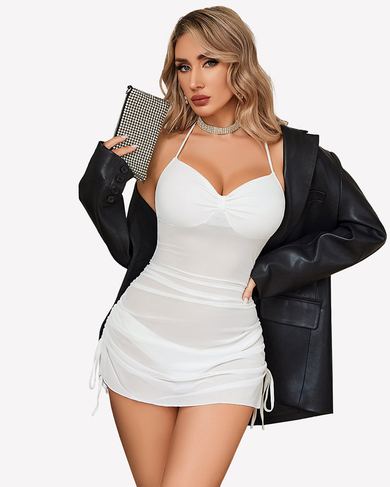 White mesh sleeveless ruched bodycon mini dress with halter neckline and drawstring side ties