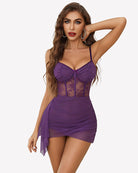Purple lace chemise dress with bow bust, sheer floral panel, ruched mini skirt