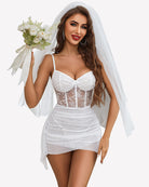 White lace chemise dress with corset bust, ruched mini skirt and thin spaghetti straps