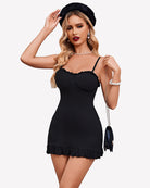 Black modal bodycon chemise with scalloped neckline and ruffled hem