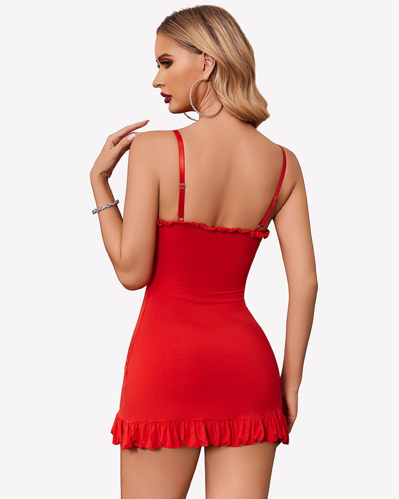 Red modal bodycon chemise with ruffle hem and spaghetti straps, back view