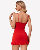 Red modal bodycon chemise with ruffle hem and spaghetti straps, back view