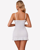 White modal bodycon chemise with ruffle hem and spaghetti straps, back view