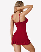 Red modal ruffle chemise with open back, thin straps, and gathered hem