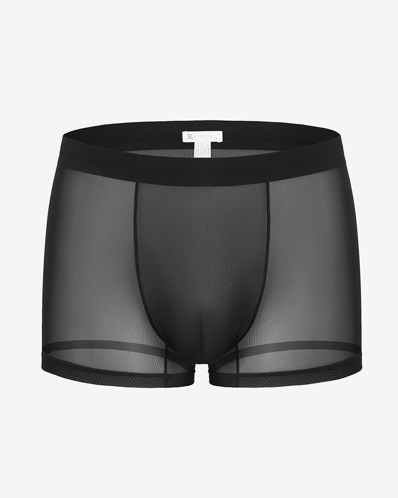 Men's mesh boxer briefs, black, breathable stretch trunk style with front panel
