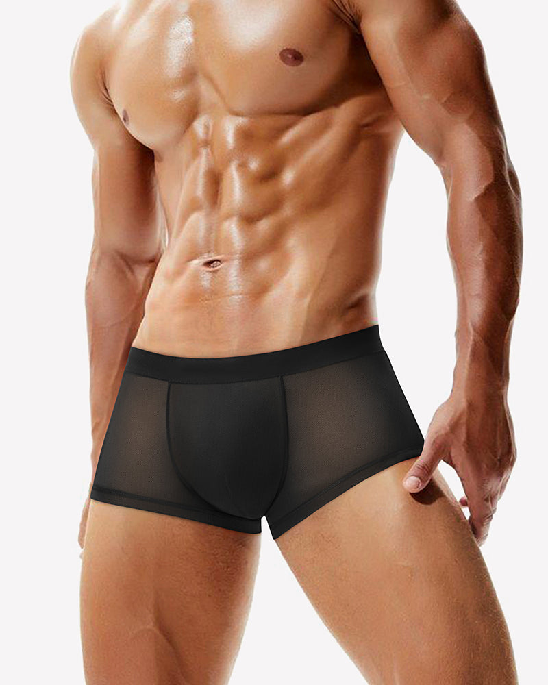 Men's mesh boxer briefs, black, breathable stretch trunk style on model