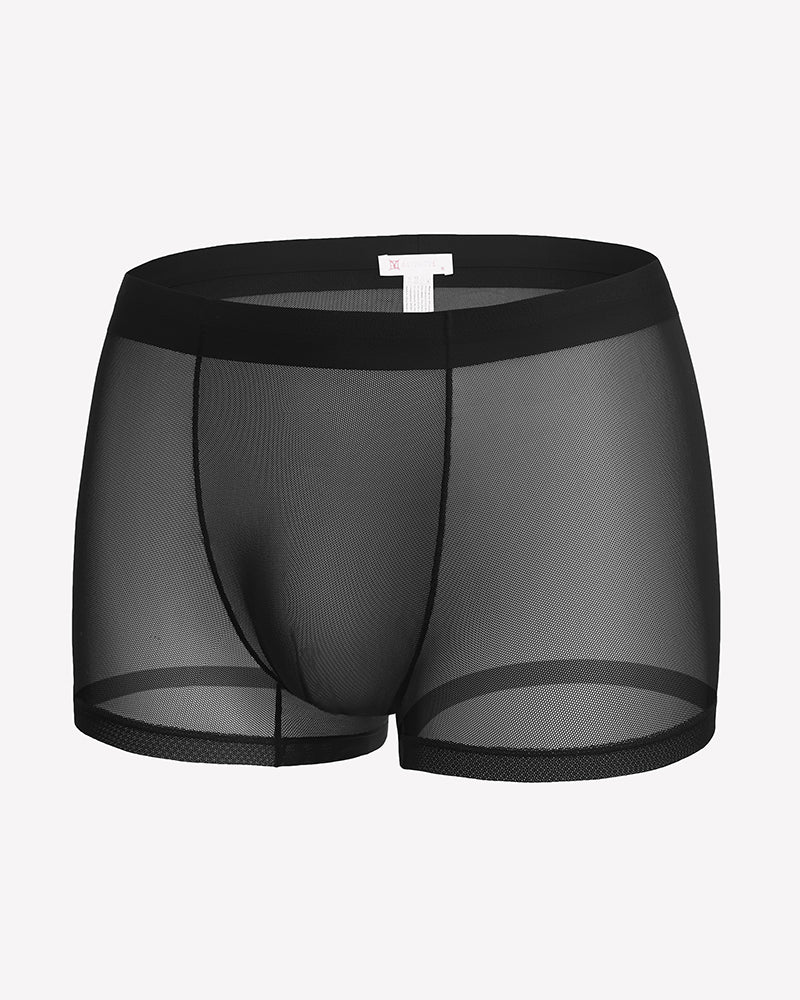 Men's mesh boxer briefs, black, front view with sheer mesh side panels